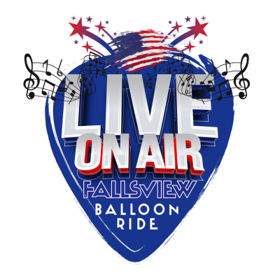Blue badge with 'LIVE ON AIR' text, music notes, stars, and 'Fallsview Balloon Ride' below.