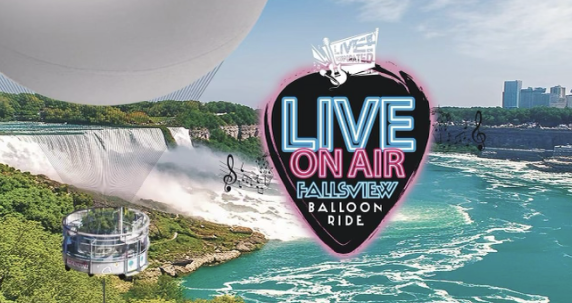 Live on Air Fallsview Balloon Ride sign by a waterfall and river.